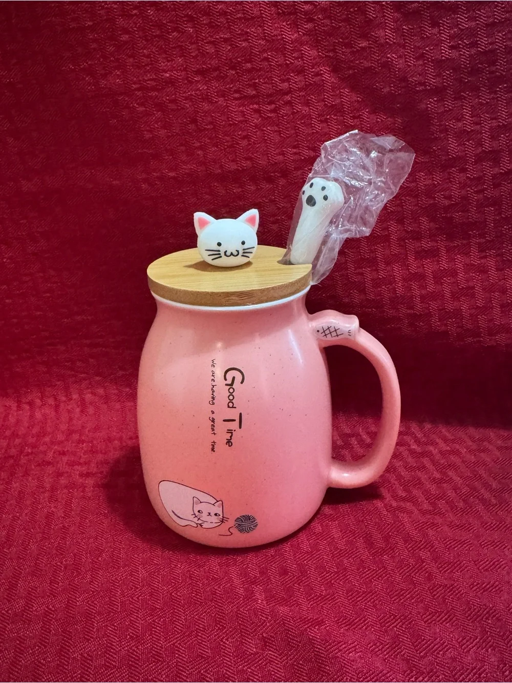 Pink Cat Ceramic Pet Mug with Bamboo Lid